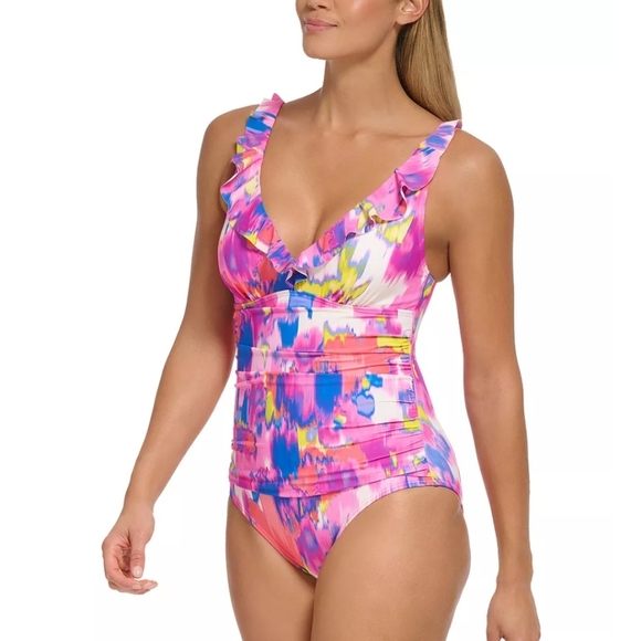Dkny Other - DKNY Ruffle Plunge Tummy-Control One-Piece Swimsuit Size 10 BS28